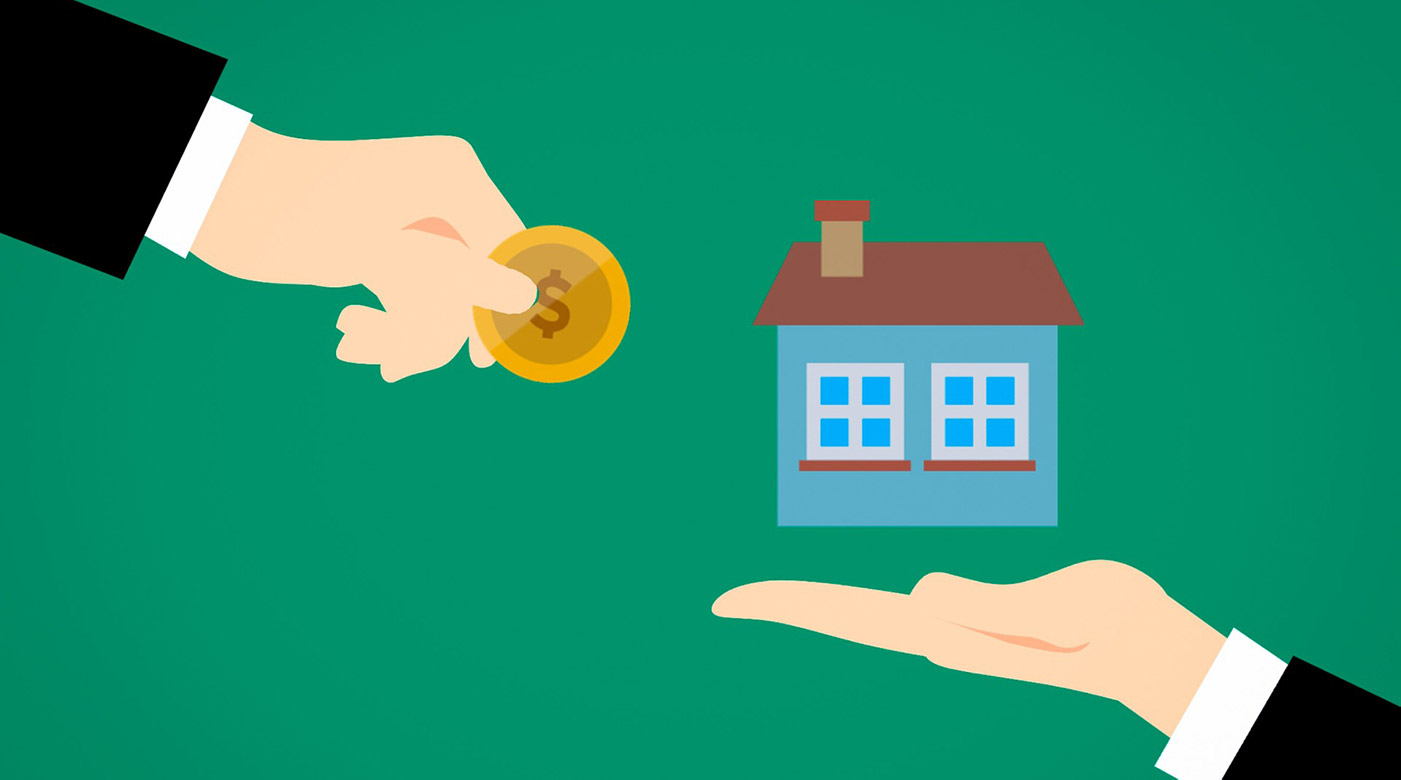 A graphic illustration of a hand trading a coin for a house, representing the theme of this post being tips for first-time home sellers